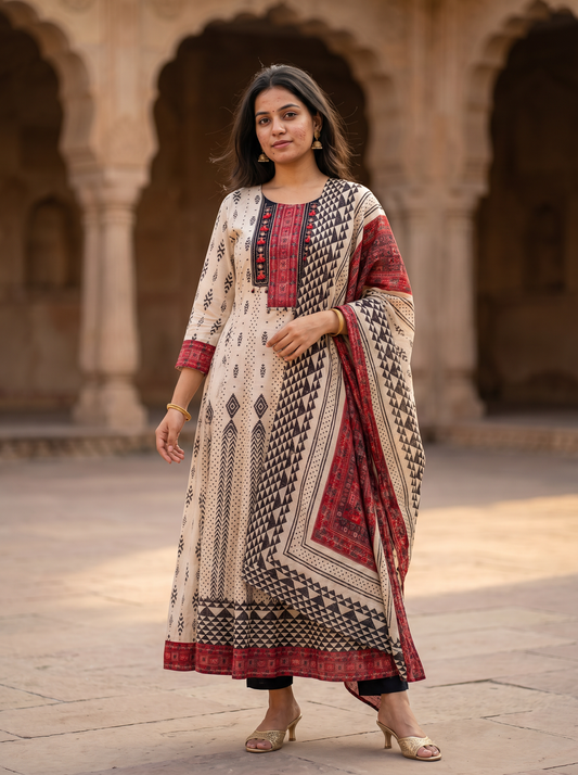 Cream Cotton Embroidery kurta set 12515