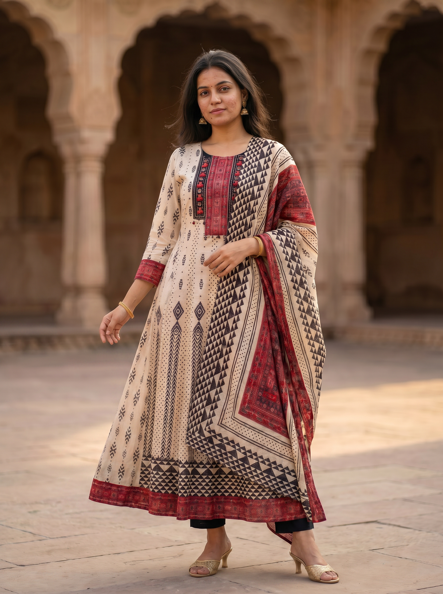 Cream Cotton Embroidery kurta set 12515