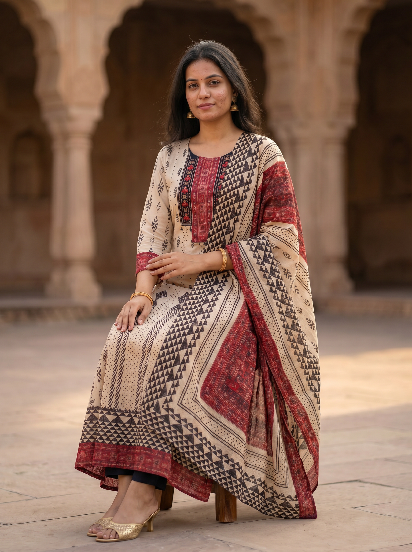 Cream Cotton Embroidery kurta set 12515