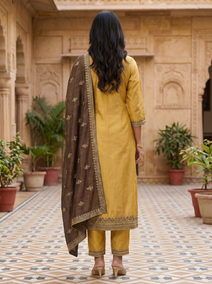 Silk Cotton Blend Kurta with Trousers & Dupatta 90250