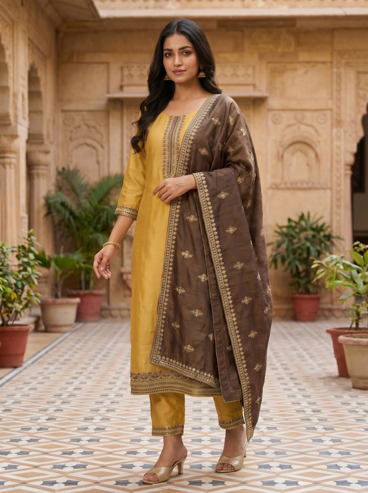 Silk Cotton Blend Kurta with Trousers & Dupatta 90250
