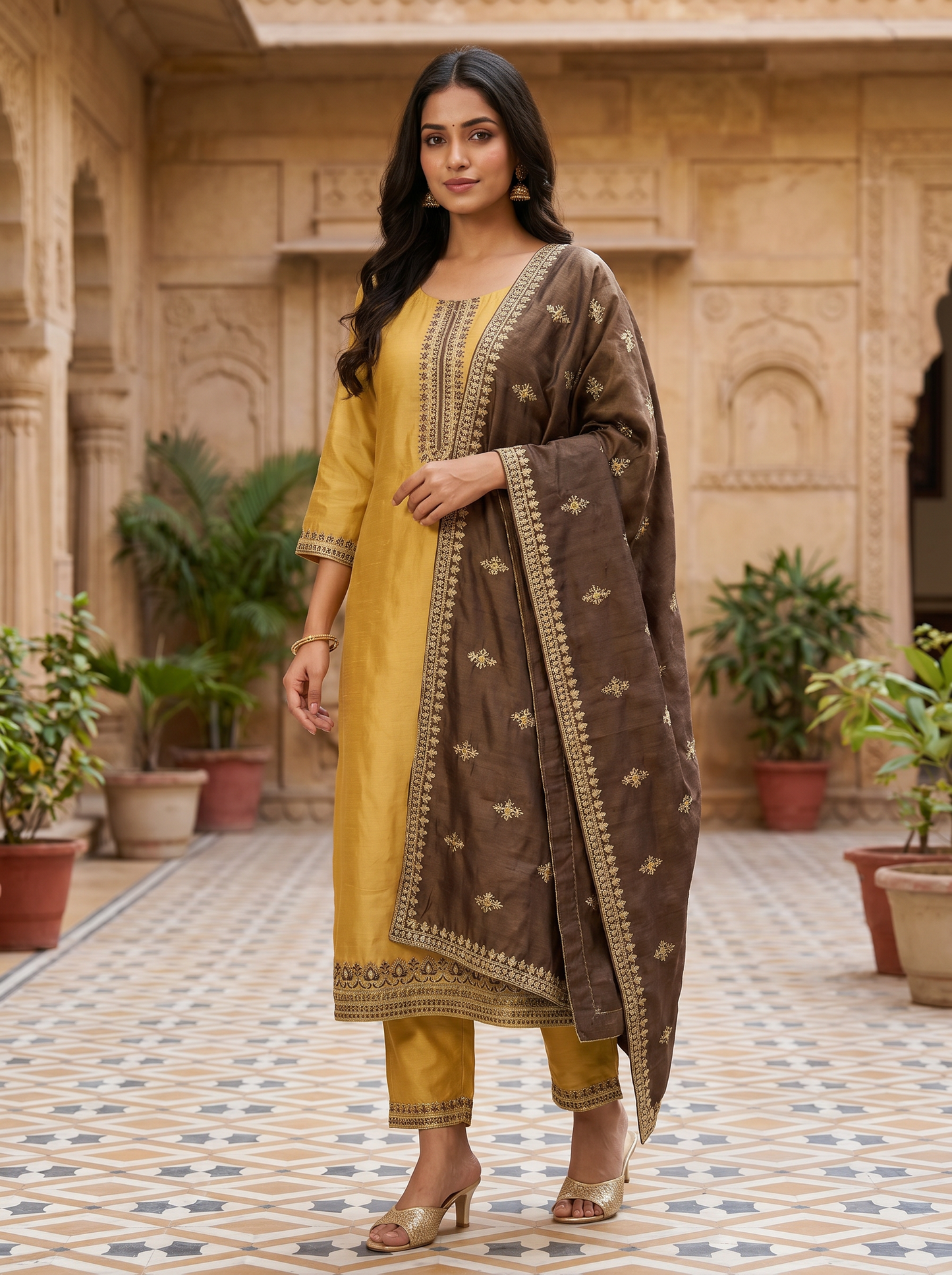 Silk Cotton Blend Kurta with Trousers & Dupatta 90250