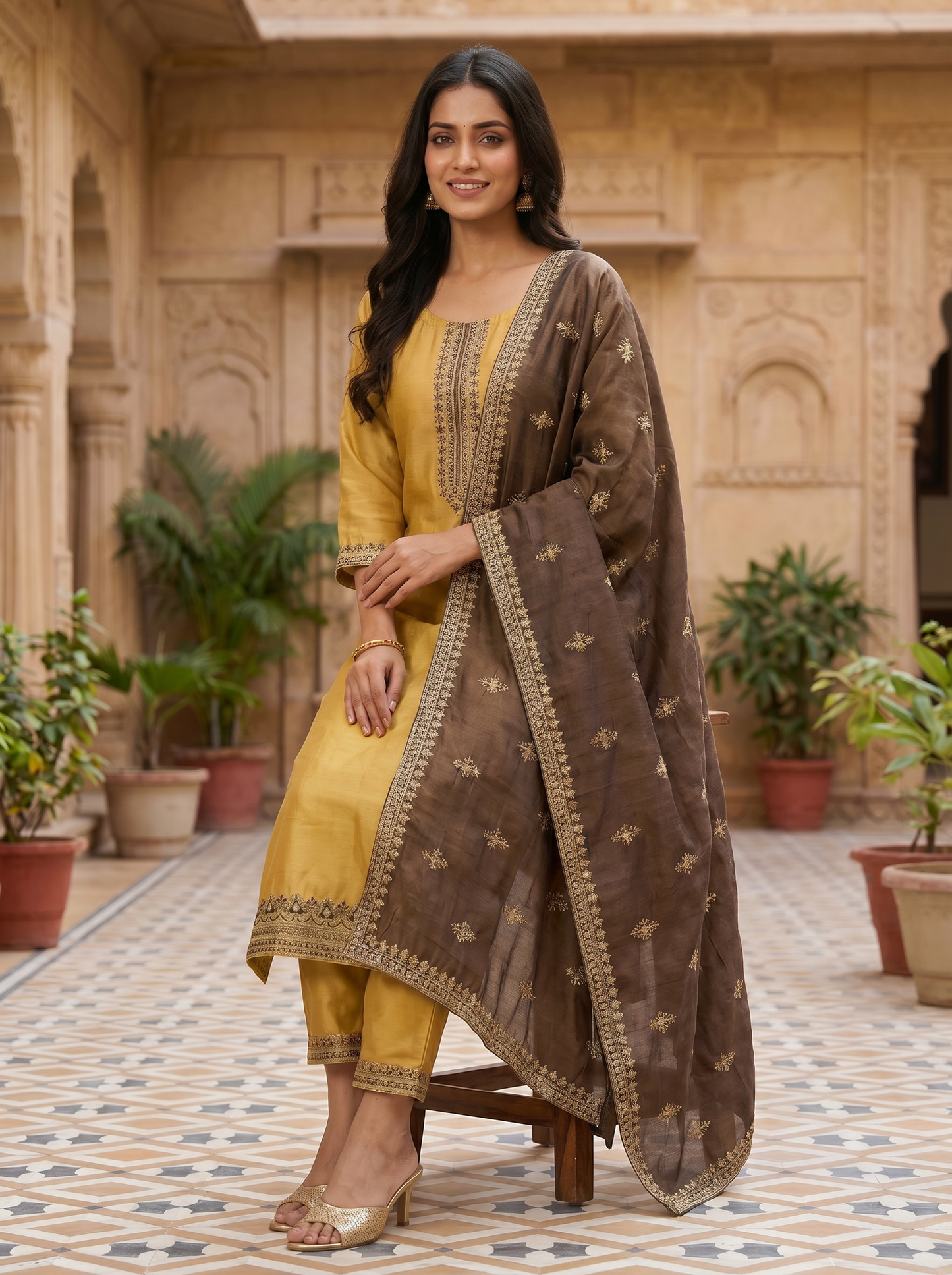 Silk Cotton Blend Kurta with Trousers & Dupatta 90250