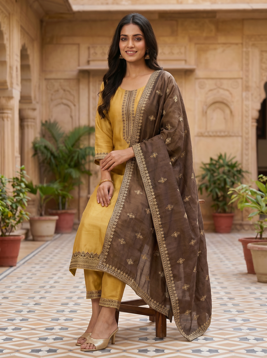 Silk Cotton Blend Kurta with Trousers & Dupatta 90250