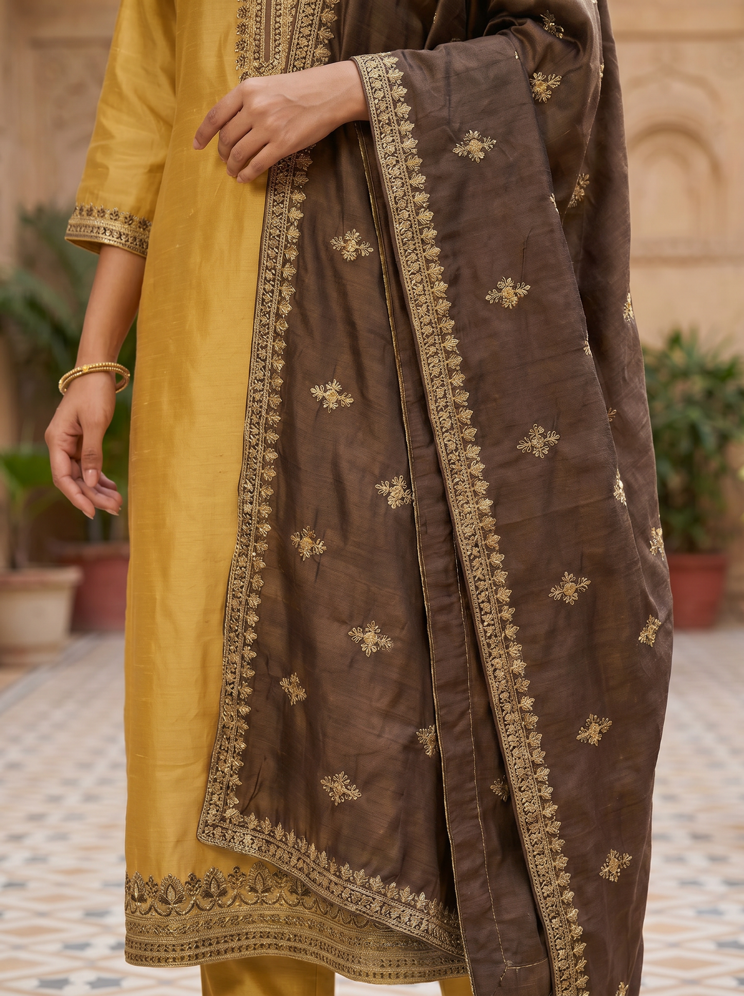 Silk Cotton Blend Kurta with Trousers & Dupatta 90250