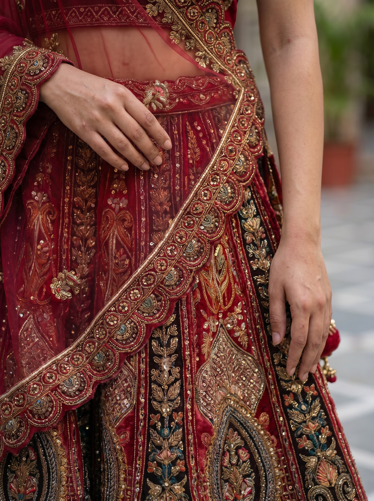 Royal Crimson Velvet & Zari Embroidered Lehenga Set  99327549