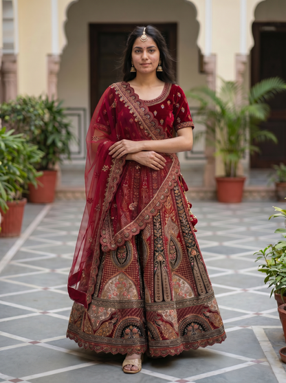 Royal Crimson Velvet & Zari Embroidered Lehenga Set  99327549