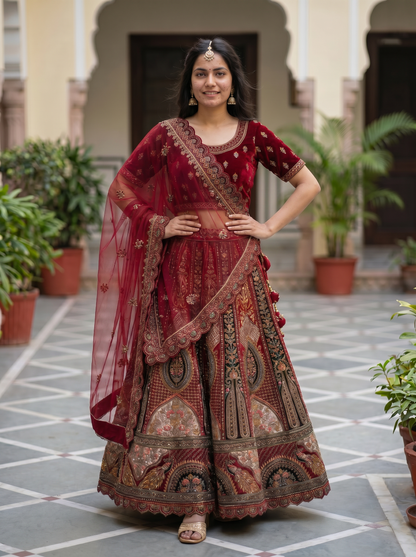 Royal Crimson Velvet & Zari Embroidered Lehenga Set  99327549