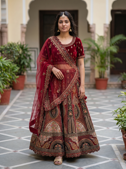 Royal Crimson Velvet & Zari Embroidered Lehenga Set  99327549