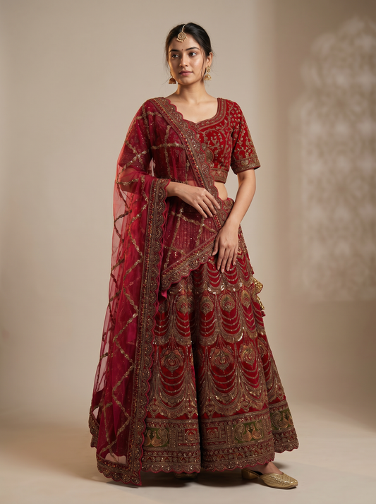 Royal Velvet & Zari Embroidered Lehenga Set  SE280911