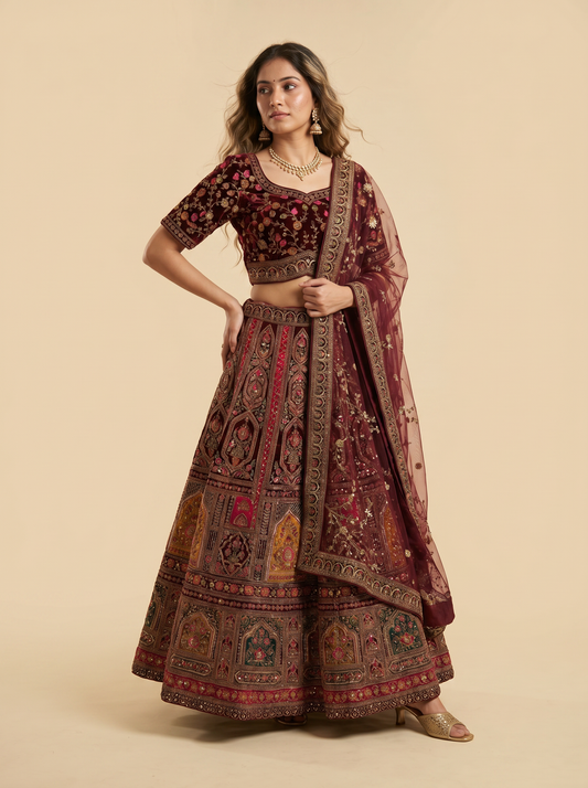 Smooth Velvet Deep Maroon Lehengas 9M-097502