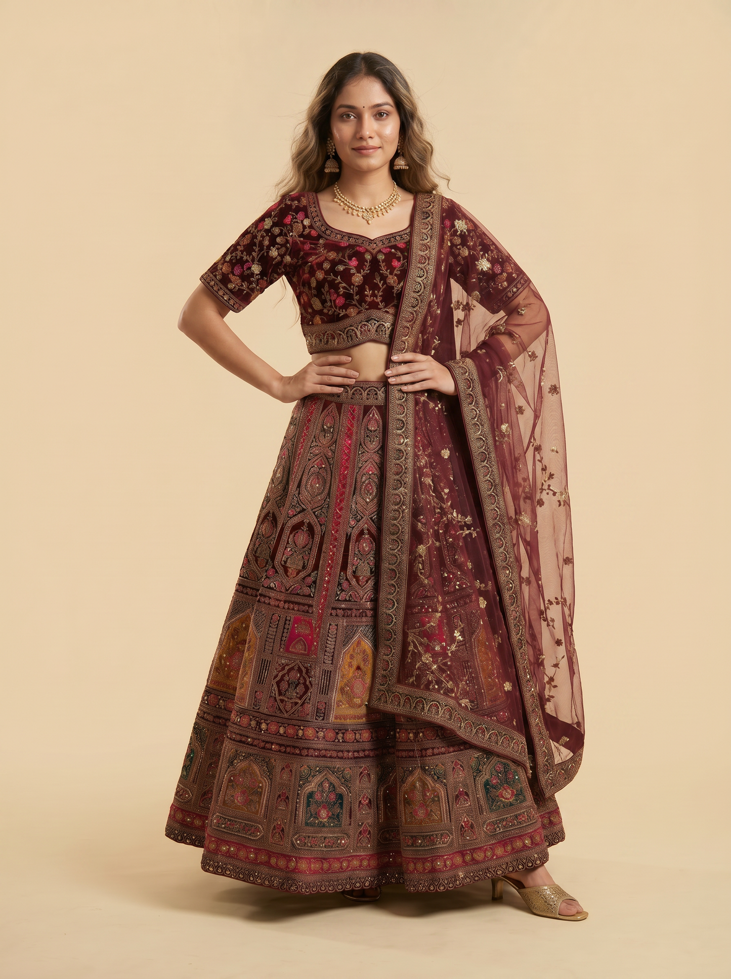 Smooth Velvet Deep Maroon Lehengas 9M-097502