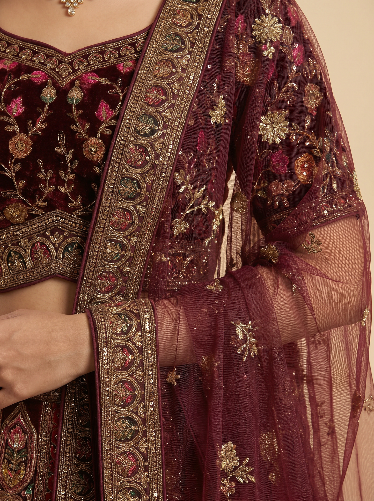 Smooth Velvet Deep Maroon Lehengas 9M-097502