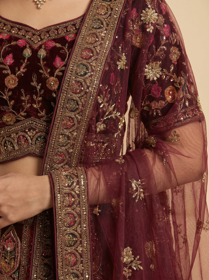 Smooth Velvet Deep Maroon Lehengas 9M-097502