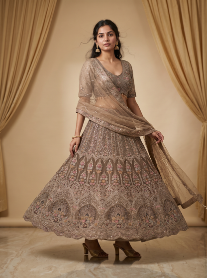 Ethereal Champagne & Taupe Sequin-Embellished Lehenga Set  SE329868