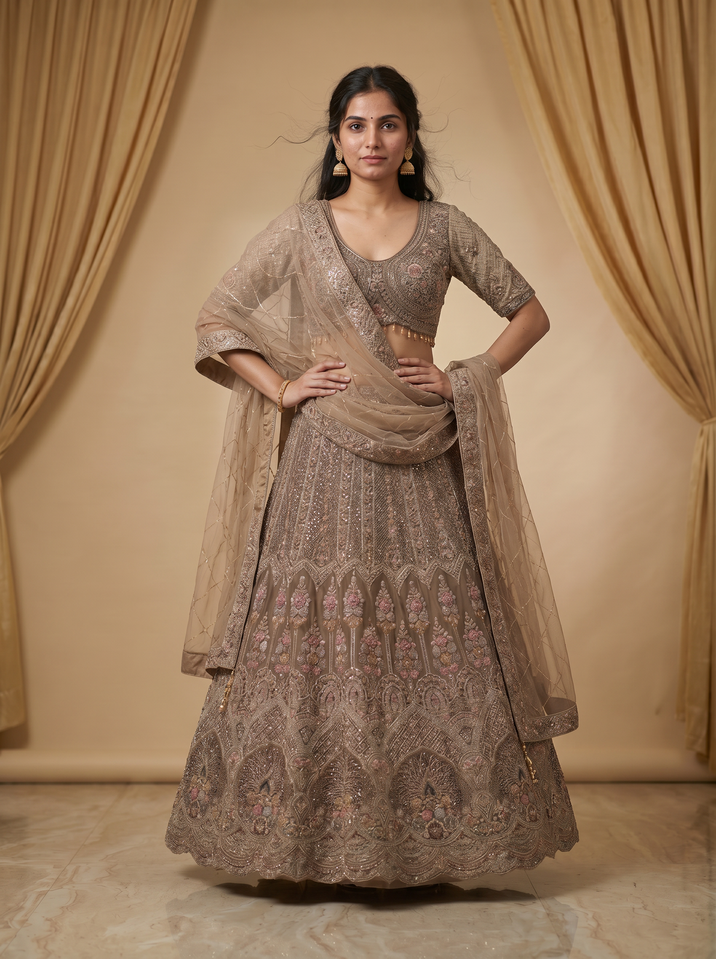 Ethereal Champagne & Taupe Sequin-Embellished Lehenga Set  SE329868