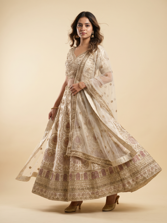 Ethereal Ivory & Champagne Zari Lehenga Set