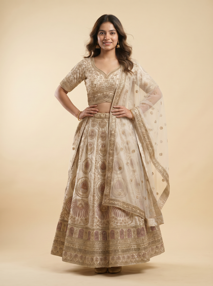 Ethereal Ivory & Champagne Zari Lehenga Set