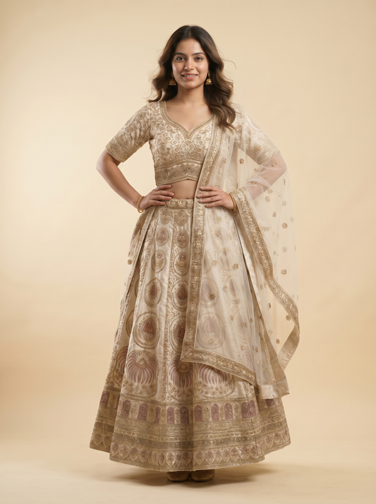 Ethereal Ivory & Champagne Zari Lehenga Set