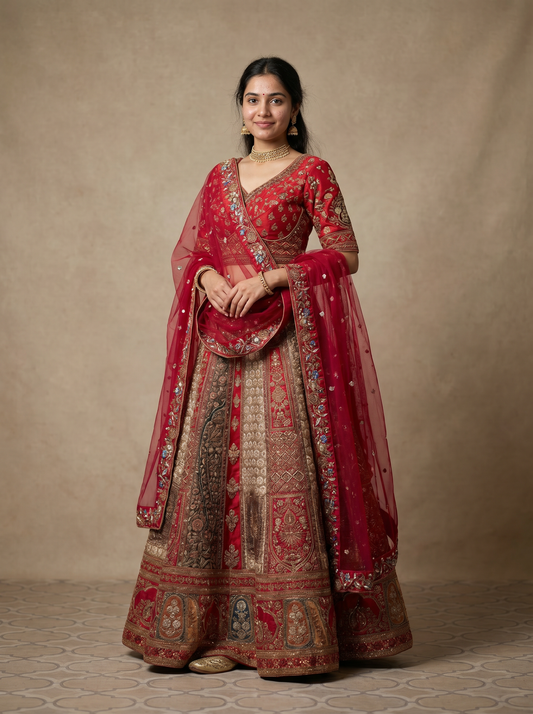 Imperial Crimson Heritage Panel Lehenga     900007549