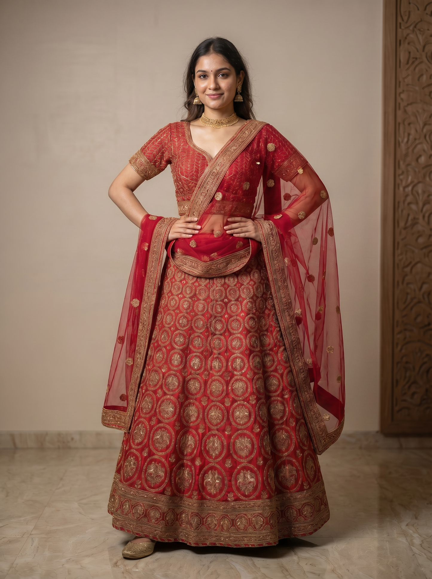 Royal Crimson Medallion-Embroidered Silk Lehenga Set  987327549