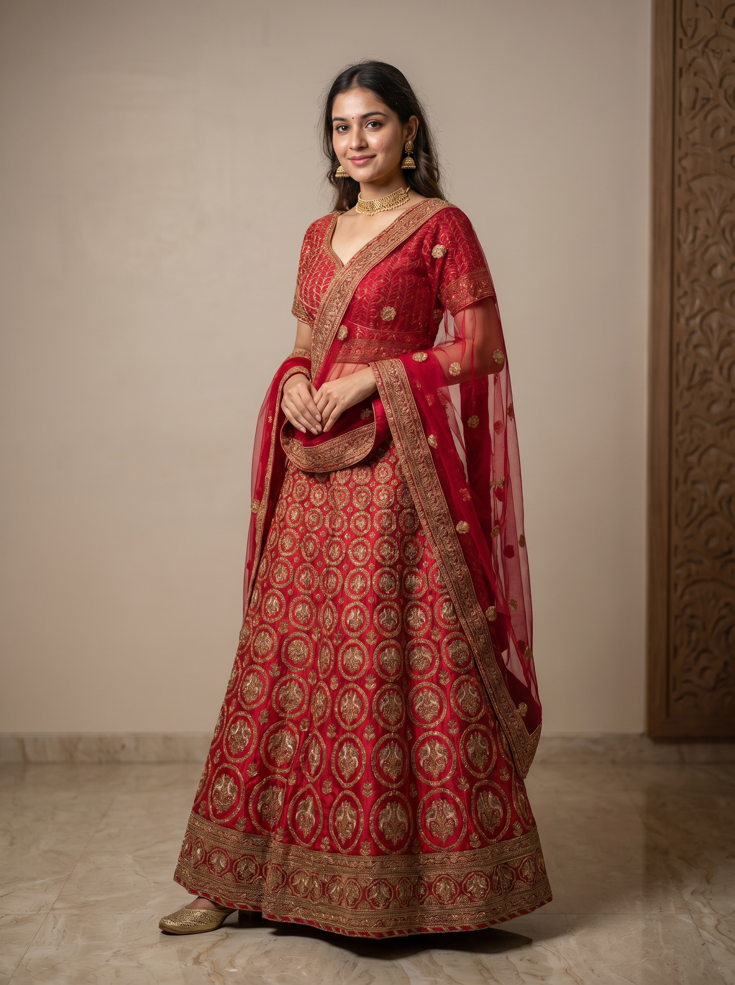 Royal Crimson Medallion-Embroidered Silk Lehenga Set  987327549