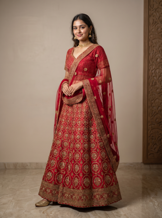 Royal Crimson Medallion-Embroidered Silk Lehenga Set  987327549