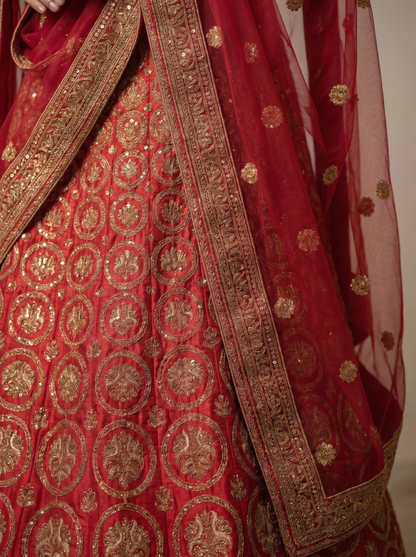 Royal Crimson Medallion-Embroidered Silk Lehenga Set  987327549