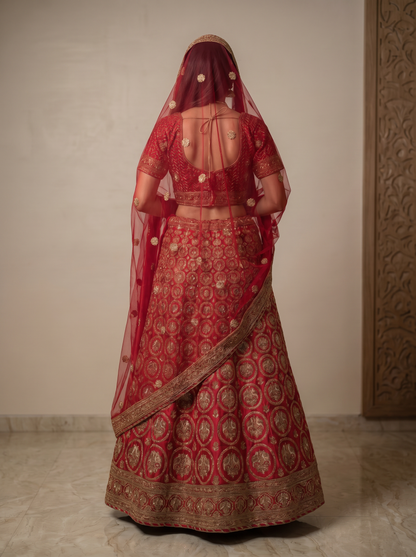 Royal Crimson Medallion-Embroidered Silk Lehenga Set  987327549