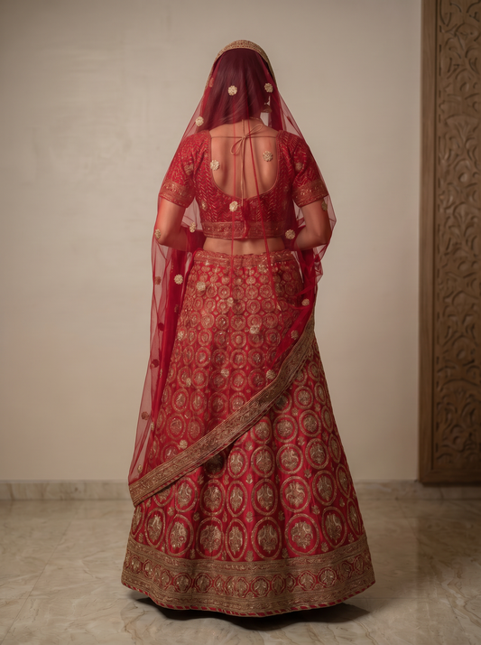 Royal Crimson Medallion-Embroidered Silk Lehenga Set  987327549
