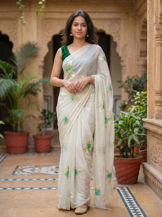 Off-white Chiffon saree  HZBA134-2