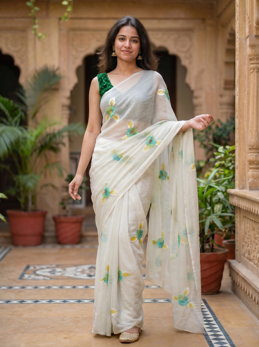 Off-white Chiffon saree  HZBA134-2