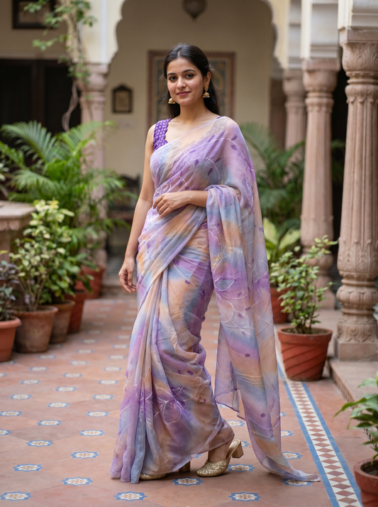 Multi-coloured Chiffon saree HZBA405-1