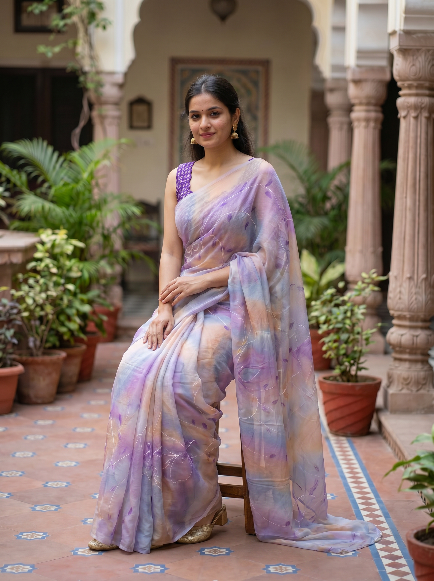 Multi-coloured Chiffon saree HZBA405-1