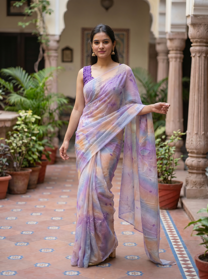 Multi-coloured Chiffon saree HZBA405-1