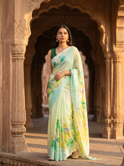 Pista coloured Chiffon sare
