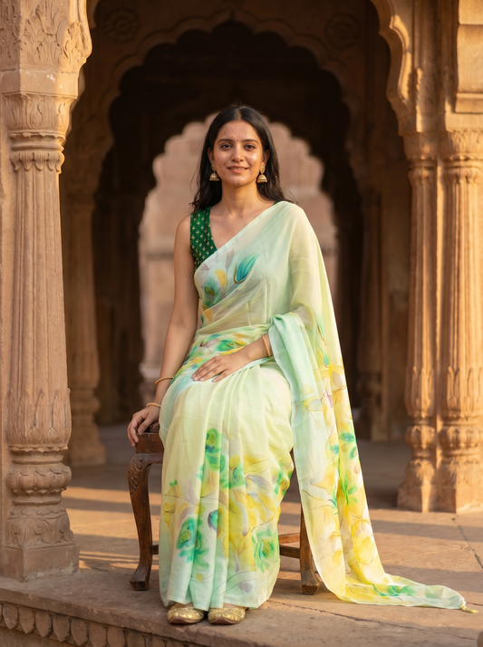 Pista coloured Chiffon sare