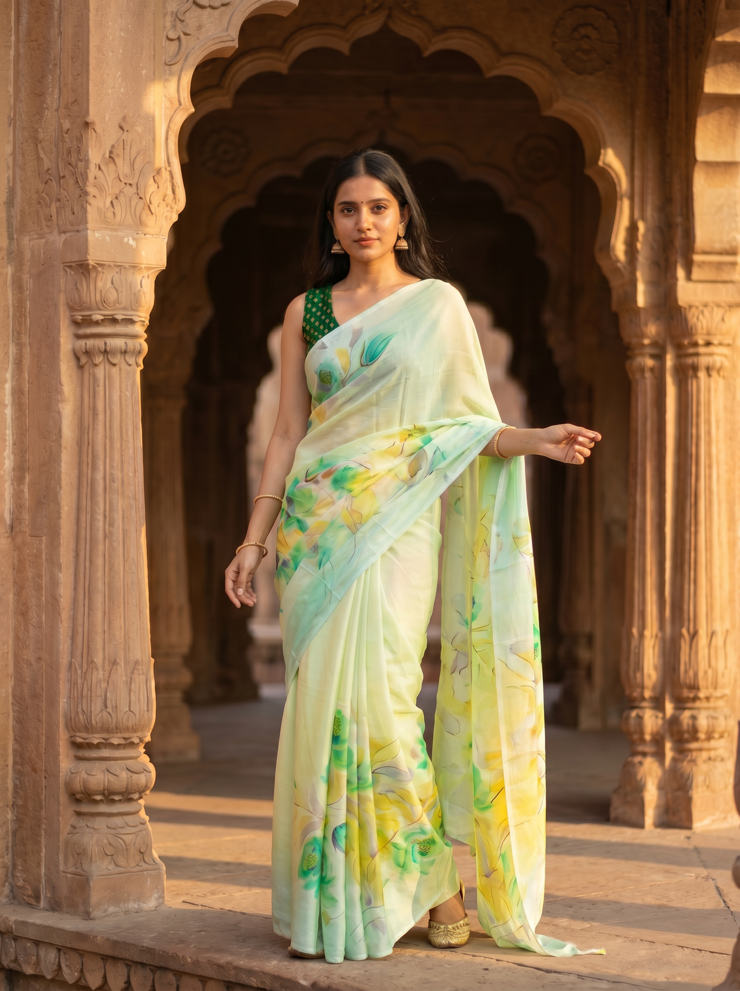 Pista coloured Chiffon sare