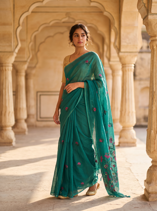 Teal Cotton saree South Tex 99959-6