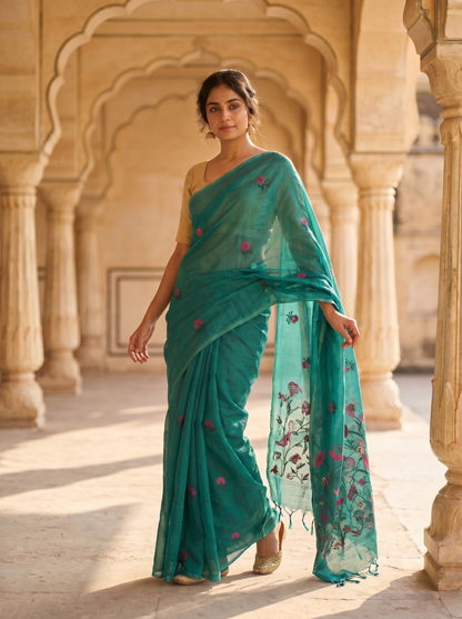 Teal Cotton saree South Tex 99959-6