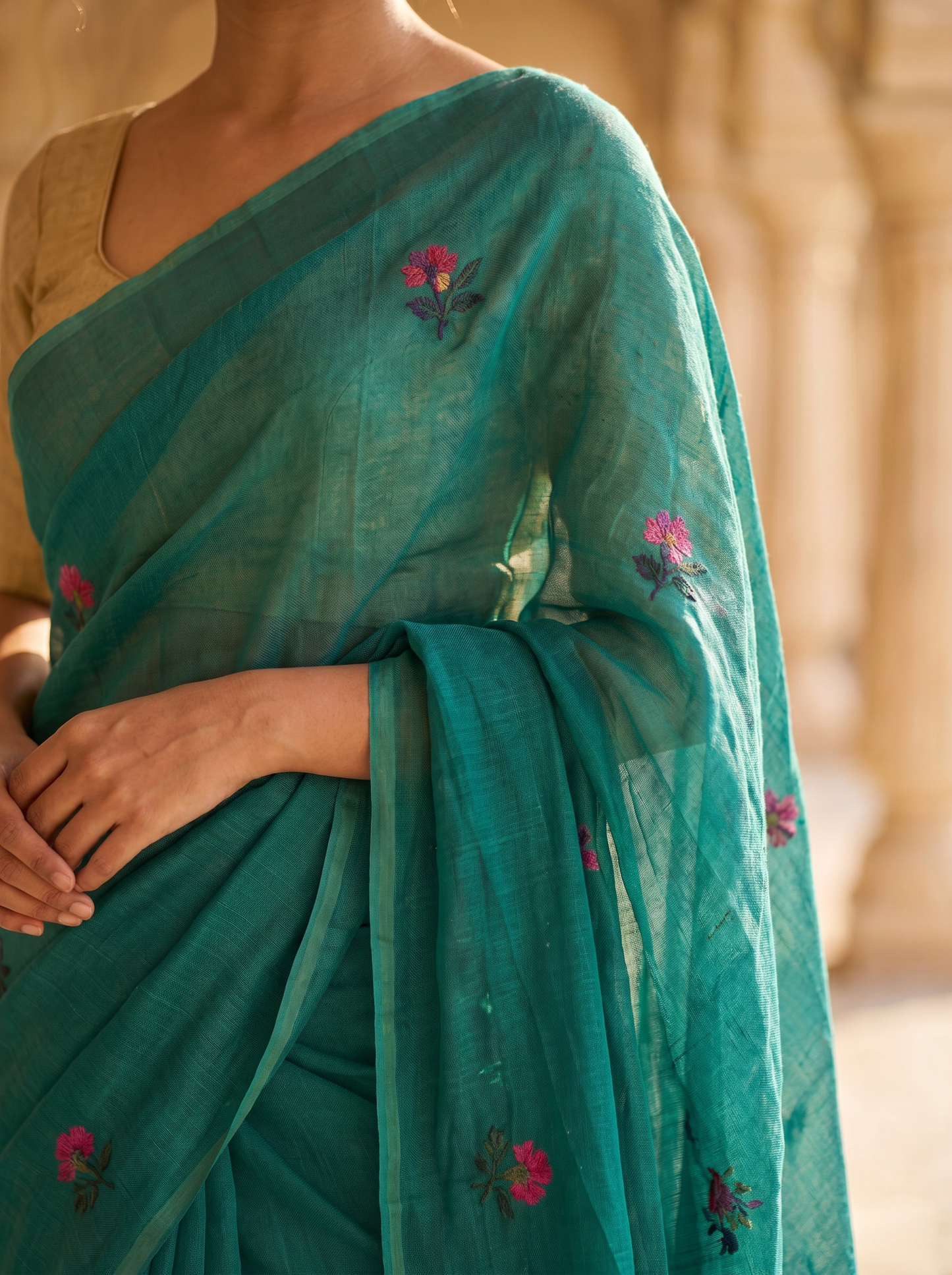 Teal Cotton saree South Tex 99959-6