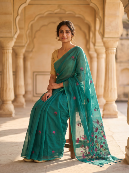 Teal Cotton saree South Tex 99959-6