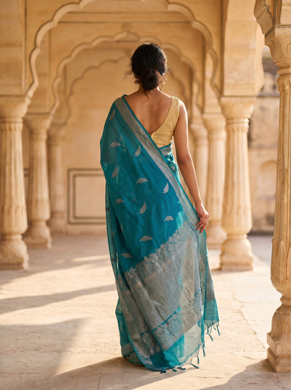 Teal Cotton saree South Tex 99959-6
