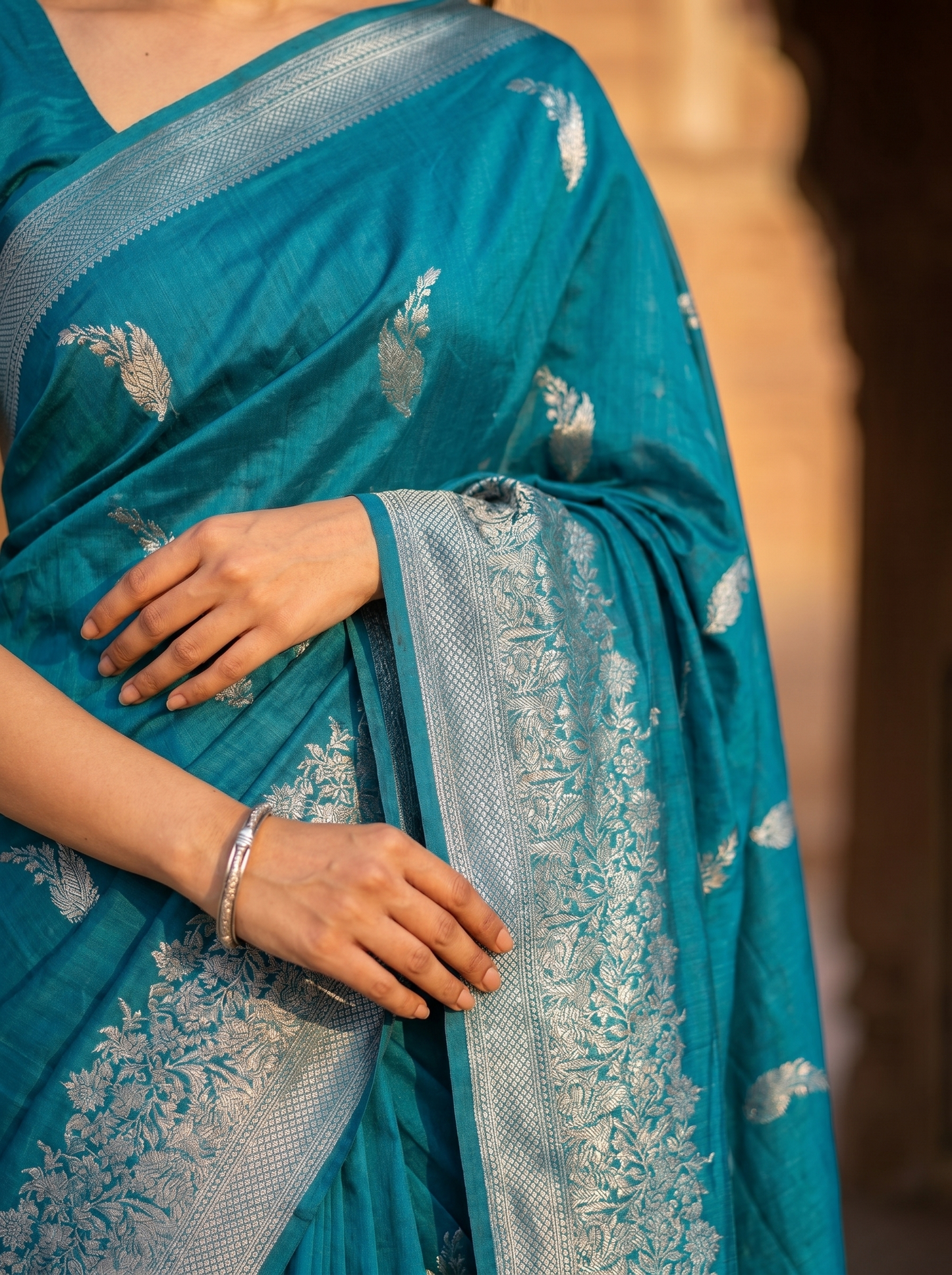 Blue Cotton saree Simmer Silver 913753-3
