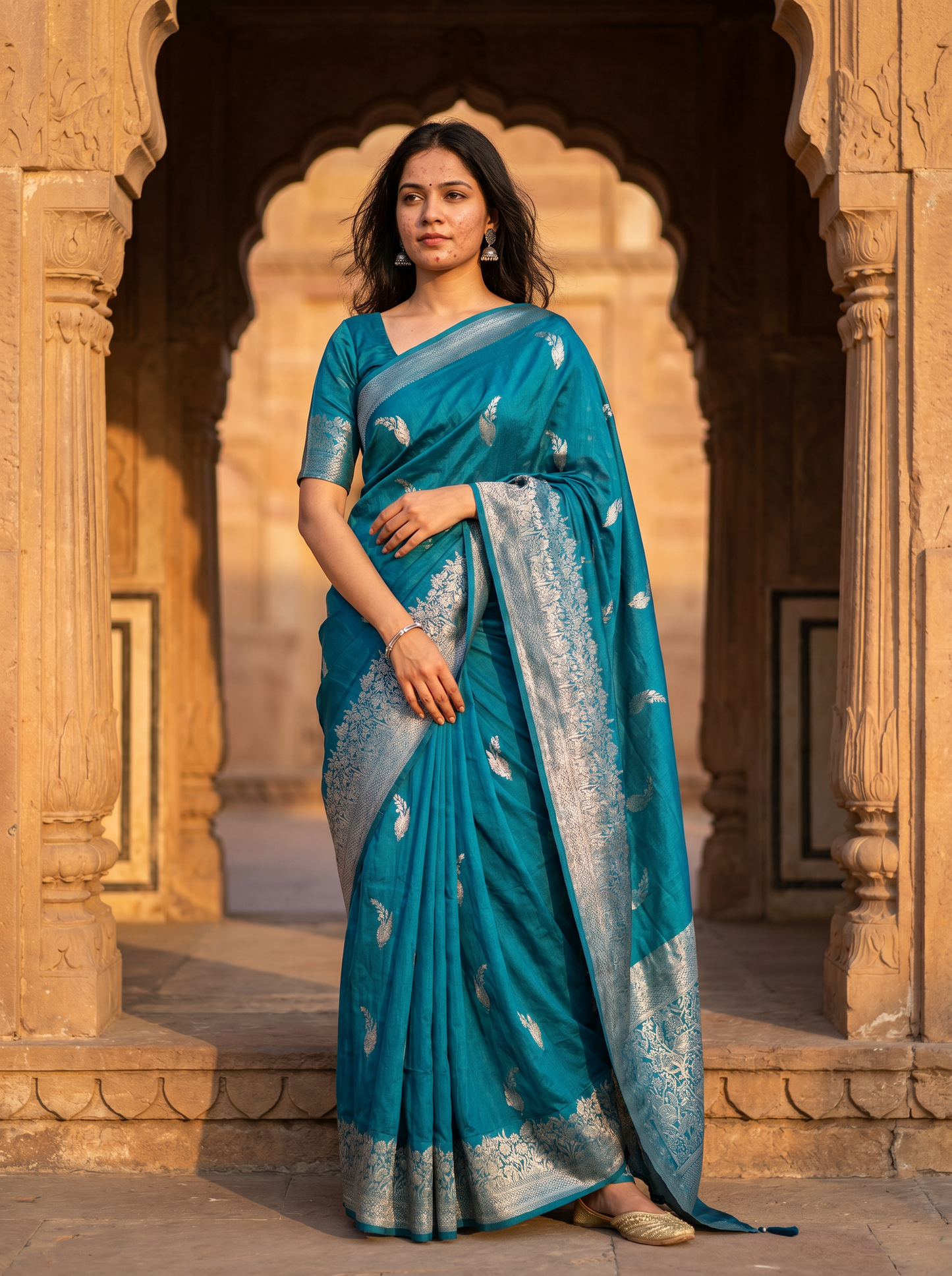 Blue Cotton saree Simmer Silver 913753-3