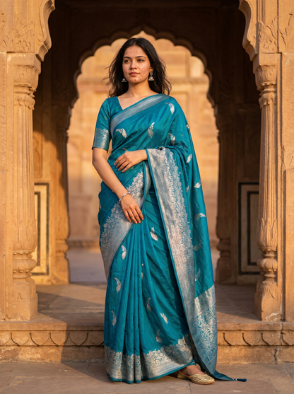 Blue Cotton saree Simmer Silver 913753-3