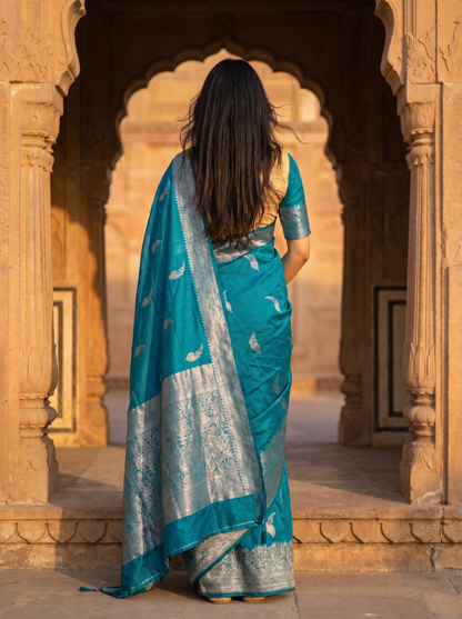 Blue Cotton saree Simmer Silver 913753-3
