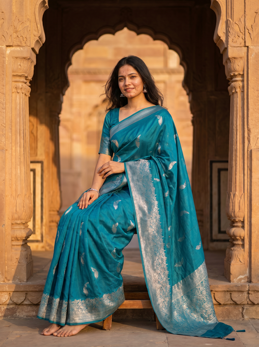 Blue Cotton saree Simmer Silver 913753-3