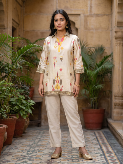 Cream Golden Maslen Silk Tunic Top   20009