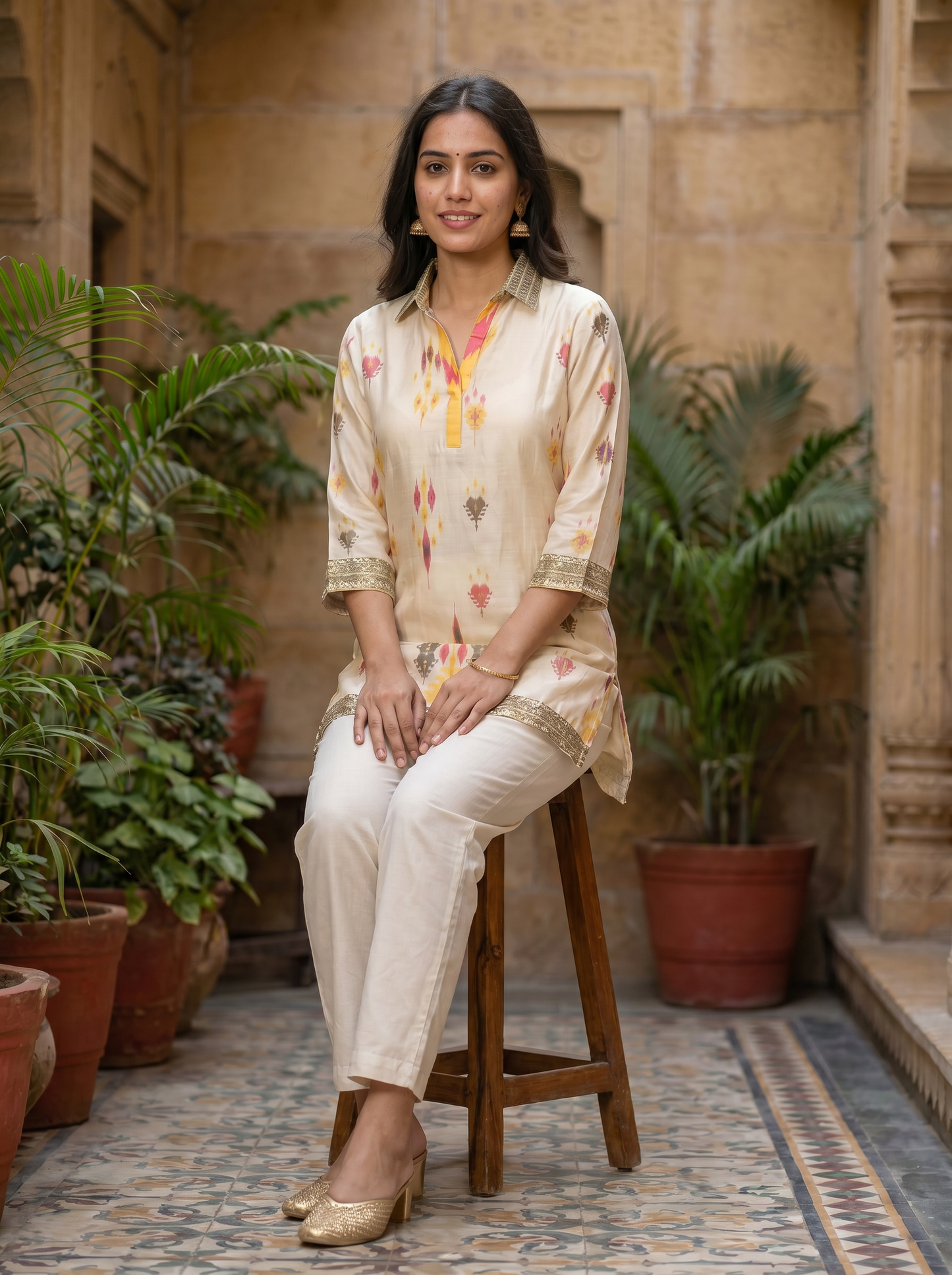 Cream Golden Maslen Silk Tunic Top   20009